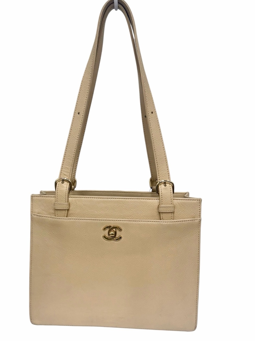 Authentic CHANEL Vintage Beige Caviar Turn-Lock Tote Beige Caviar Leather